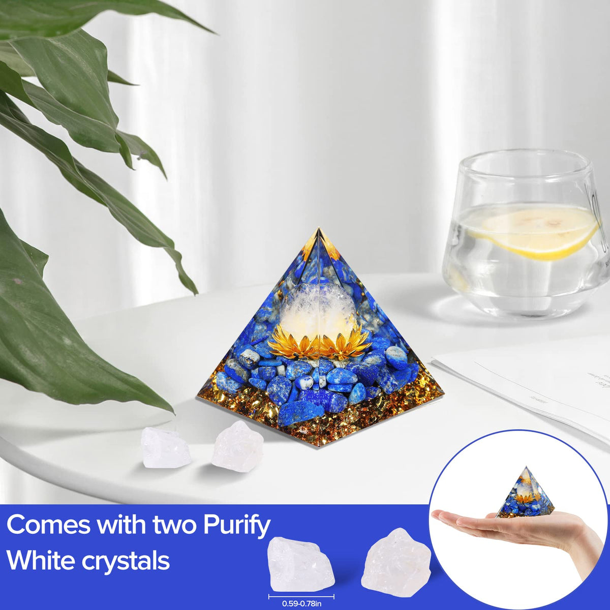 Hopeseed Orgone Pyramid for Positive Energy, Orgonite White Crystal&Lapis Lazuli Stone Healing Crystals Pyramid Set for Reduce Stress Chakra Reiki Healing Meditation Attracts Lucky