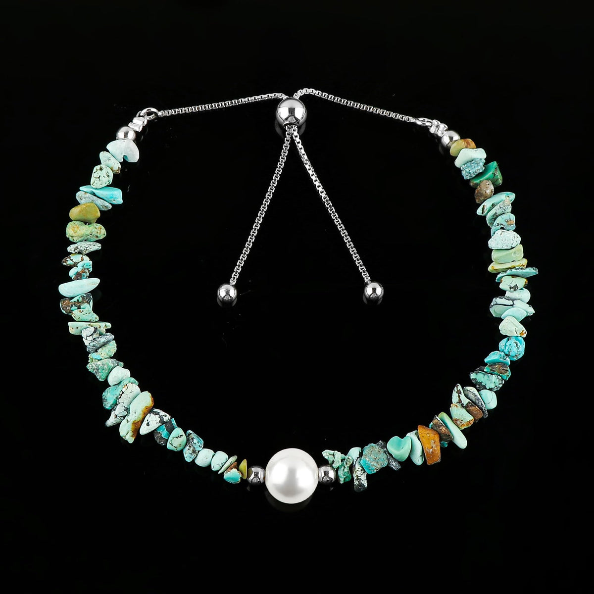 CRYSTALIS Natural Turquoise Beads Slider Bracelet with Elegant Pearl, High Grade Nuggets Crystal, Chakra Healing Gemstone, Gift Giving Women Jewelry, Silver Slider 10 inch