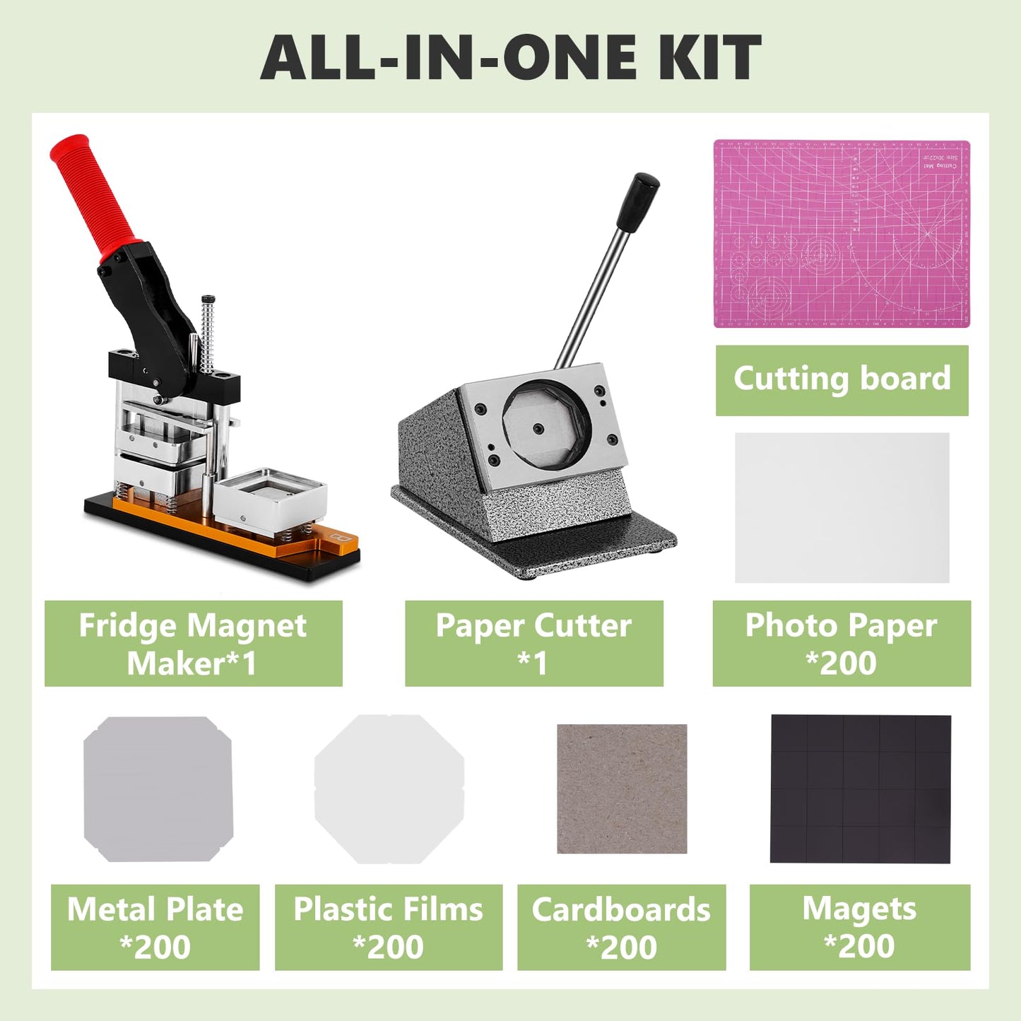 Saladulce 2x2inch Square Magnet Maker Machine Kit DIY Fridge Magnets Making Kit with 200 Sets Supplies&100 Papers, 50x50mm DIY Photo Magnet Making Machine Kit