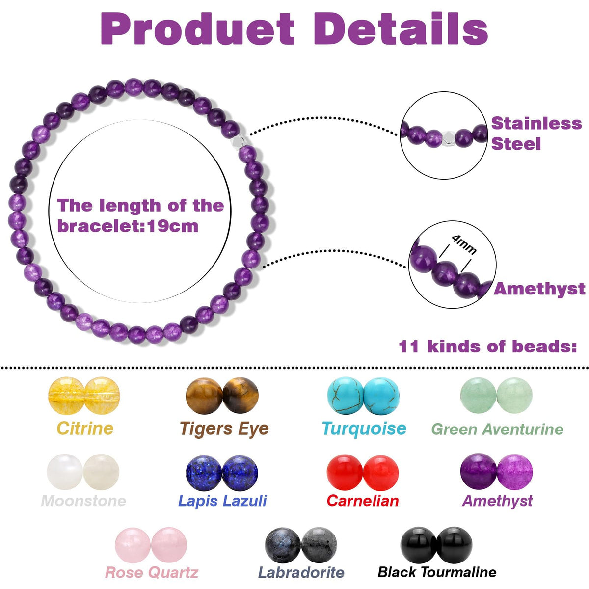 Raicegs 4MM Amethyst Beaded Bracelets Healing Crystal Bracelet for Women Men Natural Stone Handmade Stretch Bracelet Reiki Spiritual Jewelry