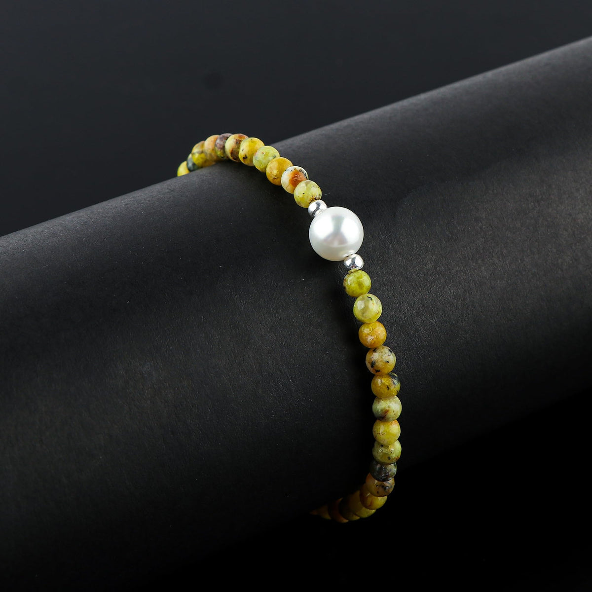 CRYSTALINES Natural Green Opal Gemstone Bolo Bracelet, Cultured Pearl Beads Stones, Handmade Hypoallergenic Boho Jewelry for Women, Healing Crystals, Adjustable Silver Plated 6+4inch, Birthday Gift