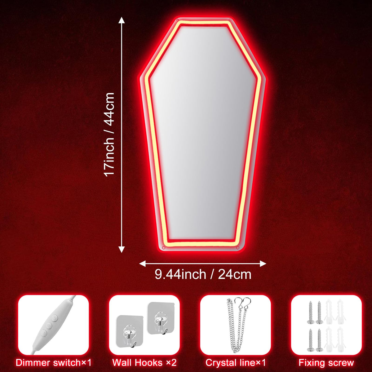 Coffin Mirror Neon Sign, Coffin Neon Signs for Wall Decor, Goth Neon Sign Gift for Goth Lovers, Coffin Make-up Mirror Whimsical Goth Home Decor 17″×9.44″