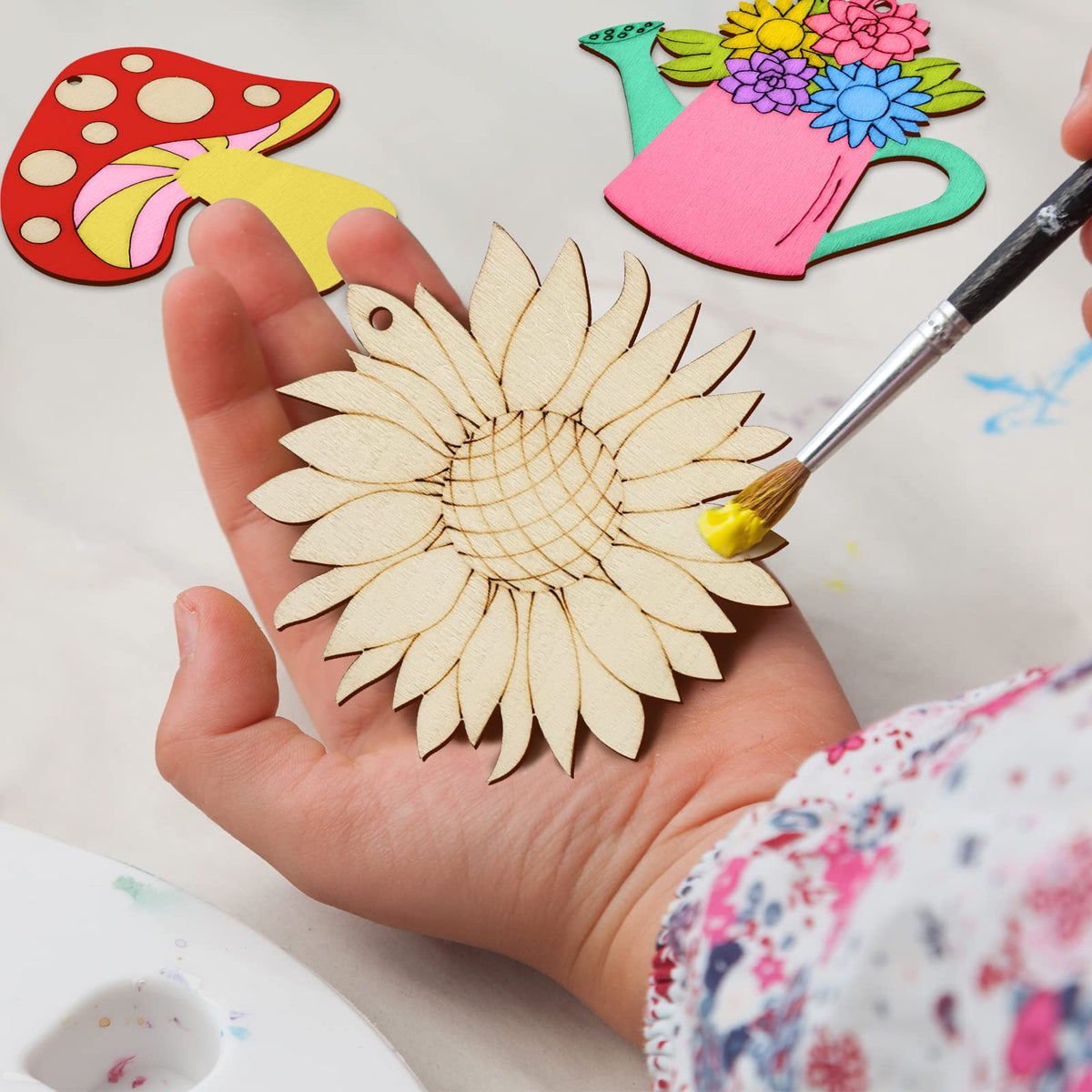 80PCS Wooden Spring Ornaments to Paint, 8 Styles DIY Blank Unfinished Wood Cutouts Ornament for Home Crafts Hanging Decorations, Insect Dragonfly Butterfly Snail Watering Can Mushroom Flower Shape