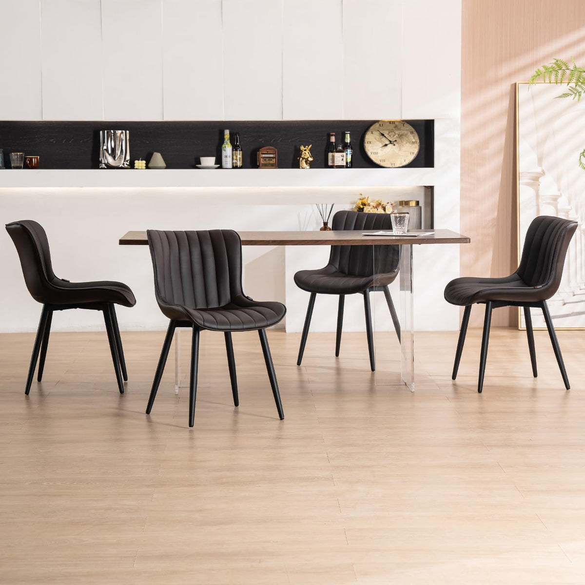 YOUNUOKE Dining Chairs Set of 2 Upholstered Mid Century Modern Kitchen Chair Comfortable Armless Faux Leather Accent Chair with Metal Legs for Guest Waiting Reception Living Room, Dark Brown
