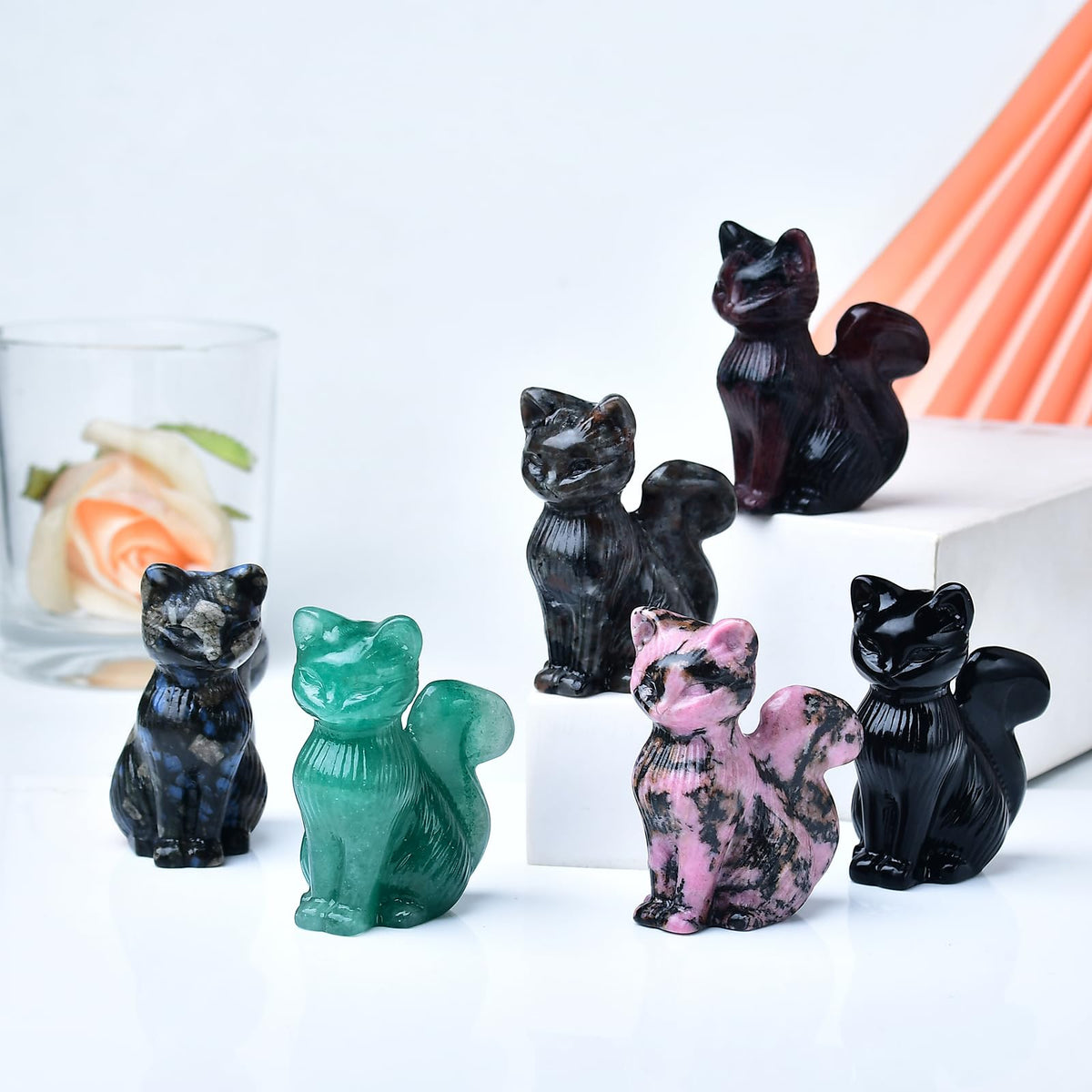 WUYOUSHI Natural Blue Amphibole Crystal Cat Statue 2.4 Inch - Handmade Healing Sculpture, Lucky Guardian Pocket Statue for Reiki Meditation, Office & Home Decoration Gift