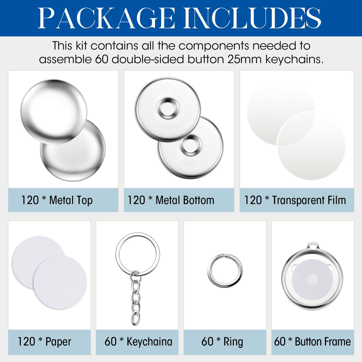Quelay 60 Sets Keychain Button Making Supplies Double Sided Keychain Double-Sided Metal Parts for Hand Press Round Badge Crafts Create DIY Custom Buttons(25mm,Electroplating)