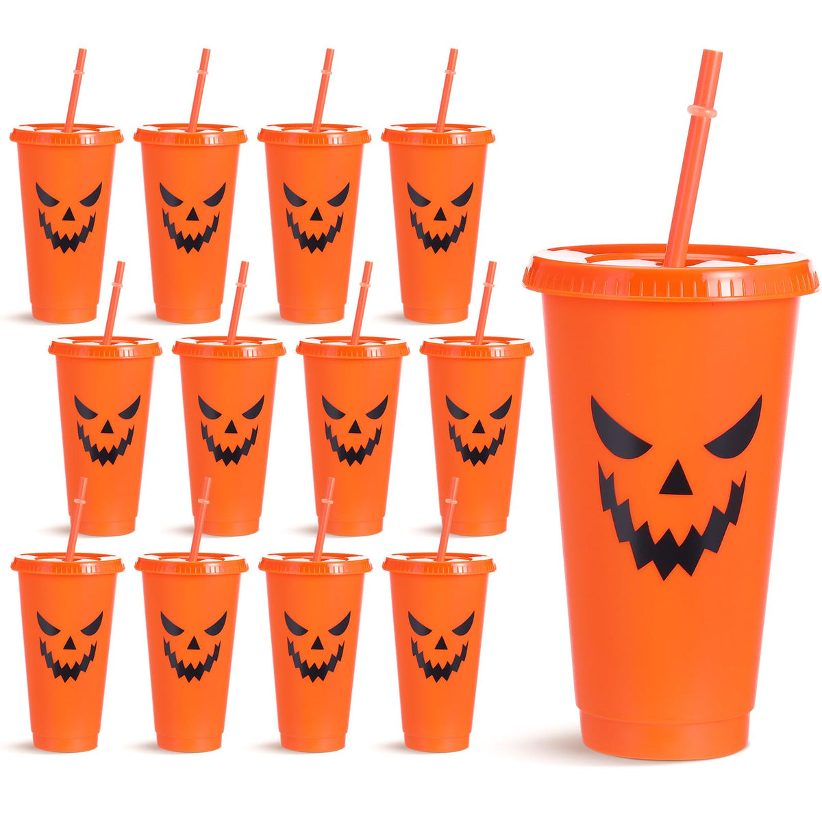 Honeydak 12 Pcs Summer Halloween Pumpkin Plastic Cups 24 oz Reusable Jack O Lantern Pumpkin Tumblers with Lids and Straws for Hot/cold Drinks for Iced Coffee Home Office Decoration Party Favors