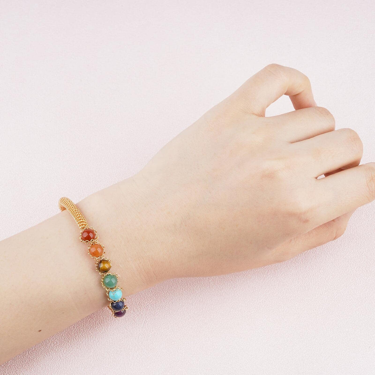 ASGIFT 7 Chakra Bracelet Adjustable 14K Gold Wire Wrapped 6.5mm Beads Bracelet Natural Crystal Yoga Meditation Bracelet Jewelrys for Women