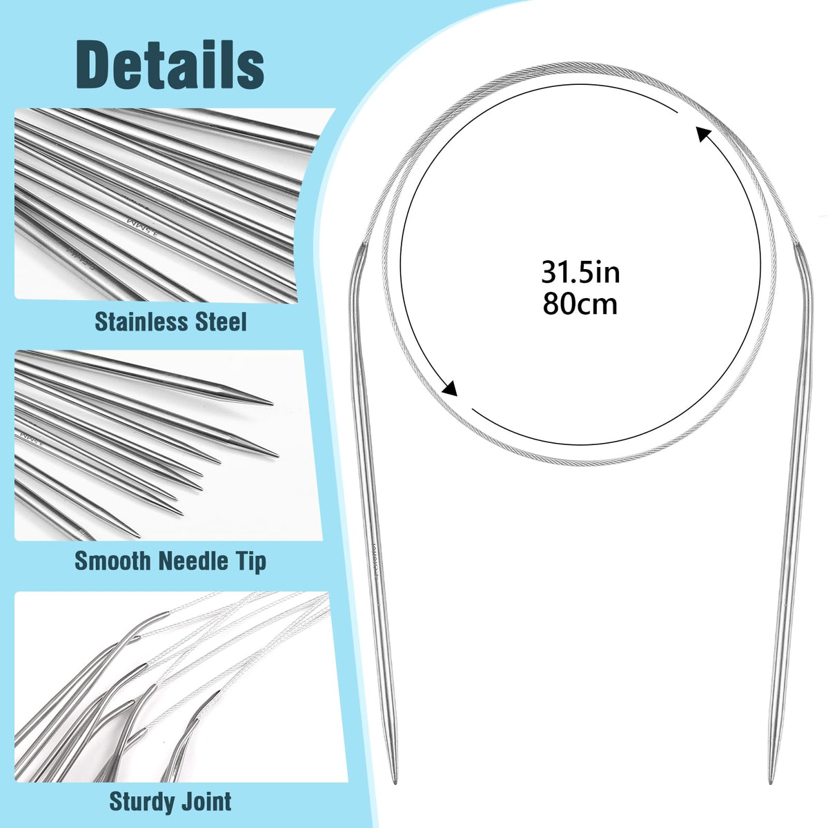 LIHAO Circular Knitting Needles Set, 11PCS Stainless Steel Knitting Needles＆Knitting Accessories for Beginners, 32 inches (80 cm)