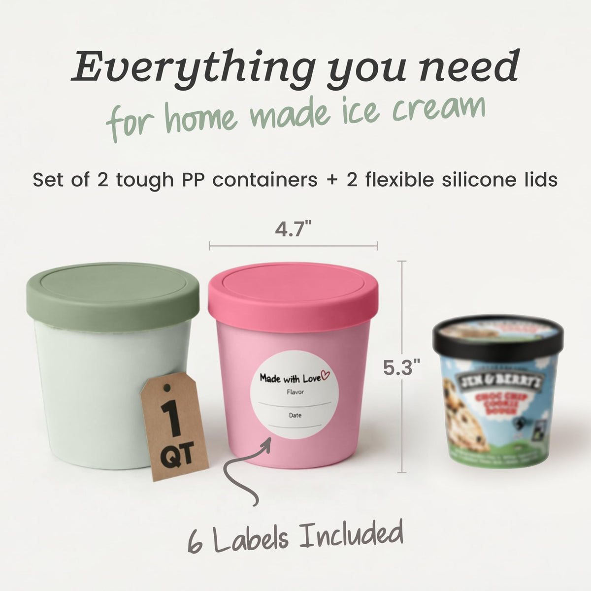 StarPack 'Freeze The Day' Homemade Ice Cream Containers (2-Pack, 1 Quart) - Airtight Silicone Lids, BPA-Free Reusable Ice Cream Freezer Containers with Lids, Stackable - Sage and Pink