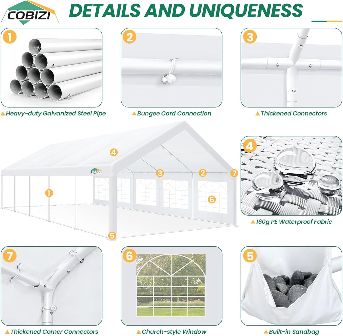 COBIZI 16x32FT Party Tent Heavy Duty White Event Shelter Outdoor Wedding Gazebo Canopy for Parties Carport BBQ Commercial with Removable Sidewall Windows, Powder Coating (Better Than Galvanized)