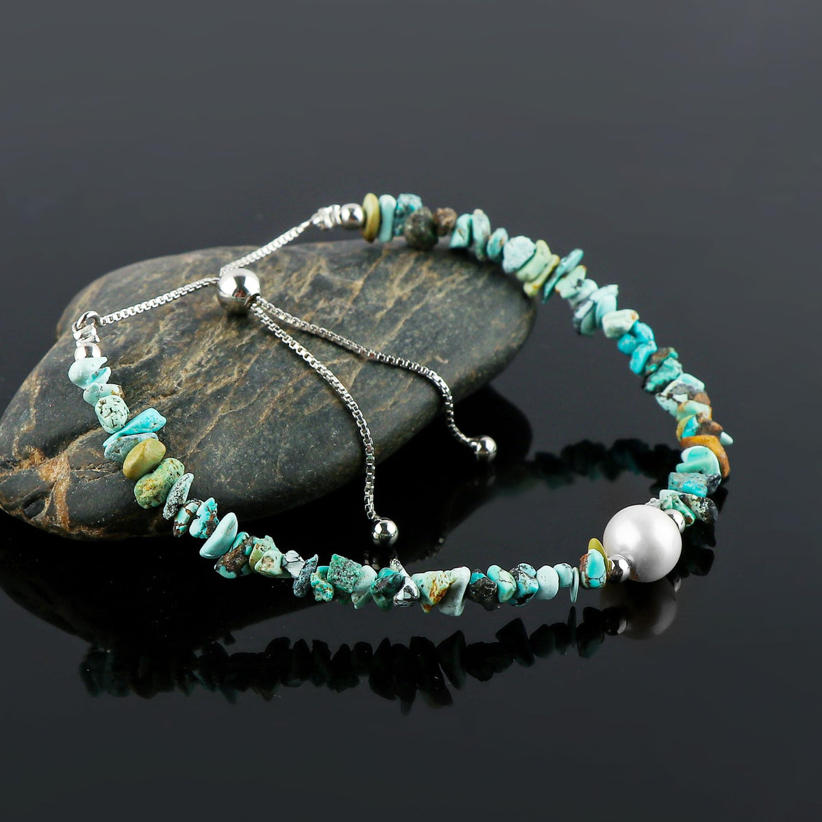 CRYSTALIS Natural Turquoise Beads Slider Bracelet with Elegant Pearl, High Grade Nuggets Crystal, Chakra Healing Gemstone, Gift Giving Women Jewelry, Silver Slider 10 inch