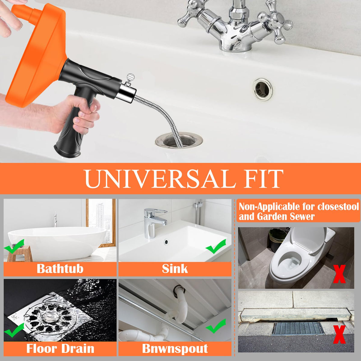 Drain Snake Auger, 33 Feet Plumbing Snake Drain Hair Clog Removal Tool, Sink Unclogger Drain, Heavy Duty Toilet Snake Auger, Cleaner Tool for Bathroom Kitchen Tub Shower Drain Clog Remover with Gloves