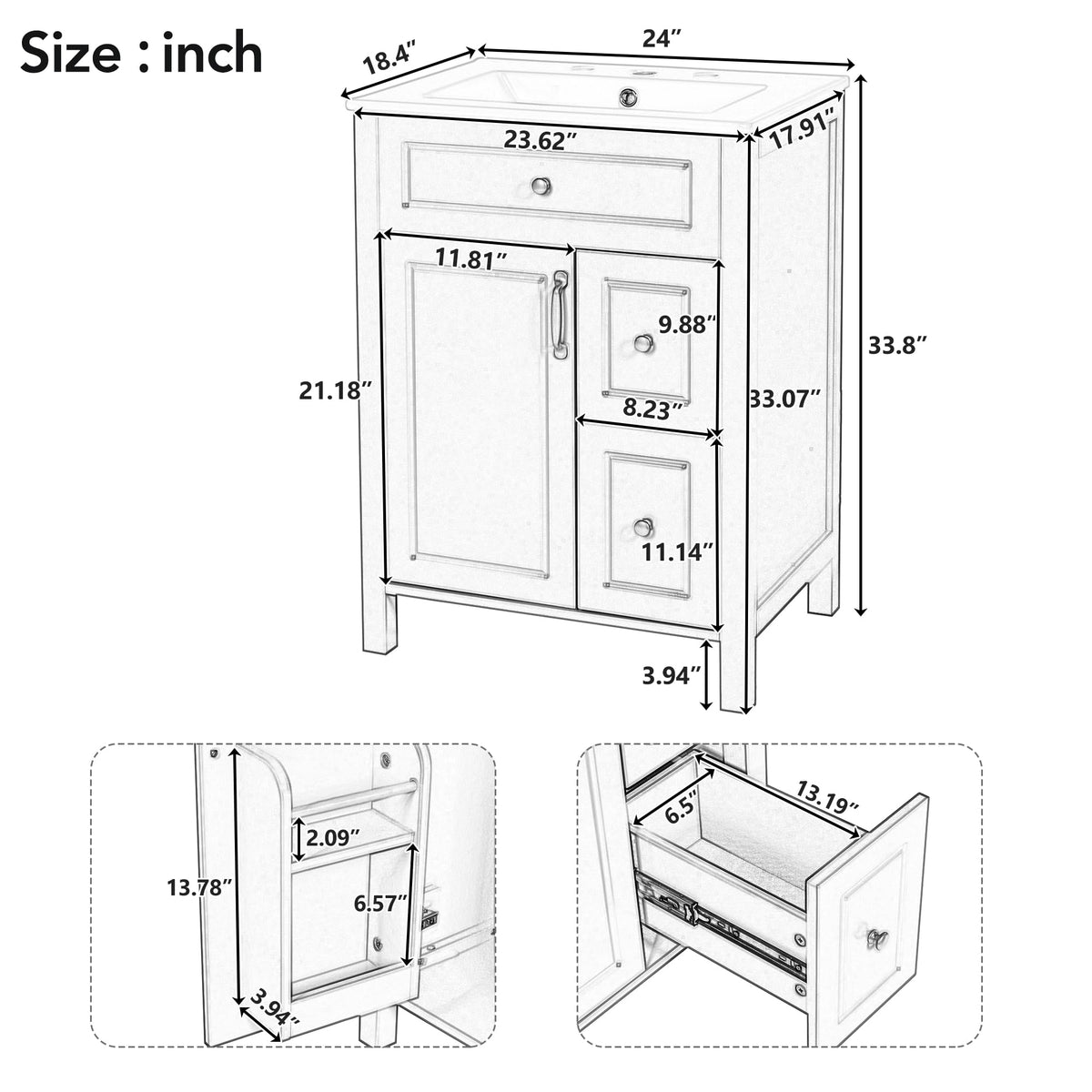 Favfurish 24" Bathroom Vanity with Ceramic Sink,Free Standing Single Basin Vanity w/Soft Close Door and Soft Closing Drawers,Wooden Bath Cabinet with Double Storage Racks on The Door,Black