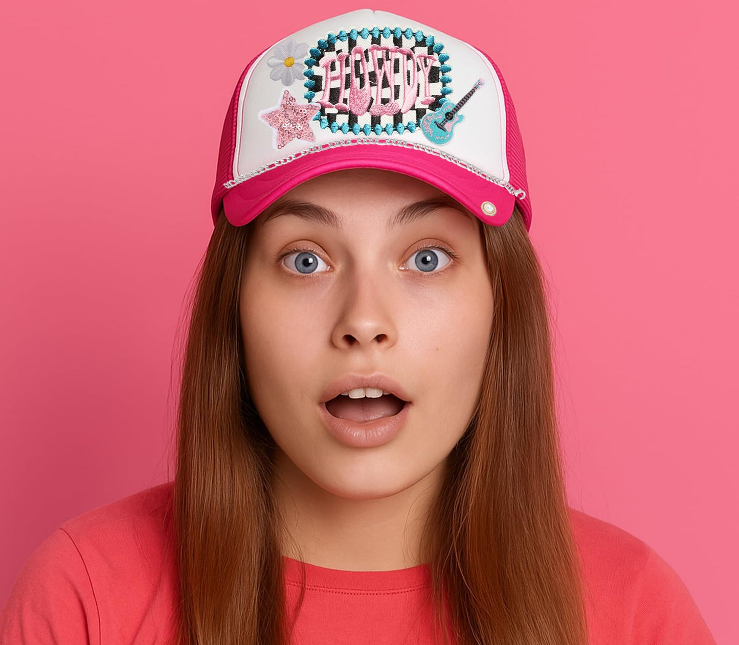 HEYTRCO Pink Western Trucker Hat DIY Kit, 3 Pink Mesh Foam Hats, 25 Patches, 3 Chains, 6 Pins, Heat-Resistant Tape for Custom Cowgirl Hats, Girls DIY Craft Set
