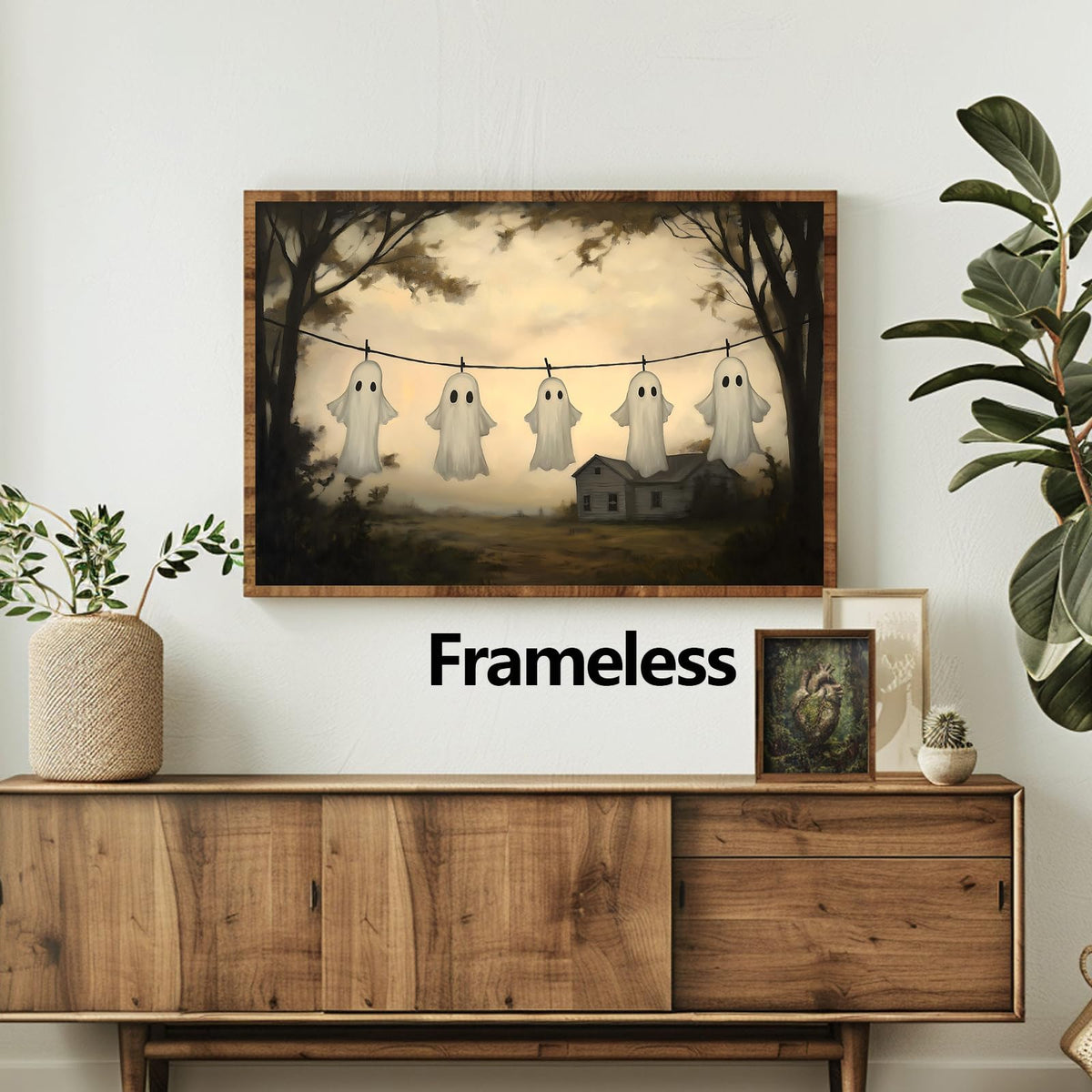 Farmhouse Ghost Wall Art Laundry Room Prints Halloween Landscape Poster Cute Ghost Pictures Gothic Forest Print Victorian Moody Paintings Spooky Wall Art Academia Dark Gothic Artwork 16x24in Frameless