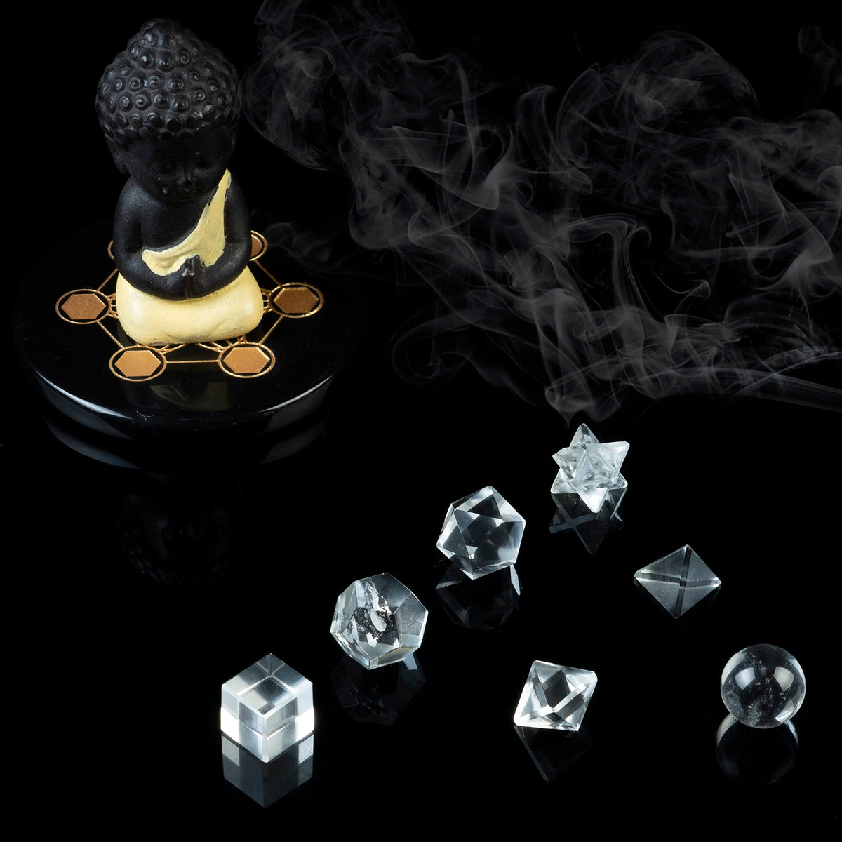 Crocon Clear Quartz 7 Pcs Platonic Solid Sacred Stones Geometry Set for Reiki Healing Chakra Stone Balancing Crystal Cleansing Spiritual Money Good Luck Decor Size: 15-20 mm