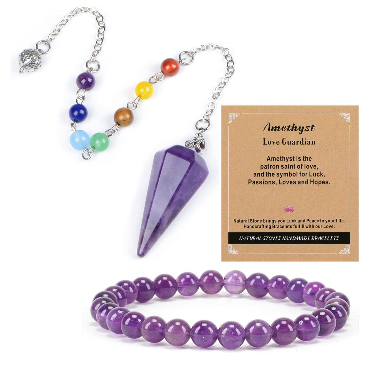 7 Chakra Reiki Healing Crystal Stone Hexagonal Point Pendant and Bracelet setting Pendulum for Reiki Wicca Dowsing Balancing Spiritual Natural Gemstone (Hexagonal Point(18mmx36mm), Amethyst)
