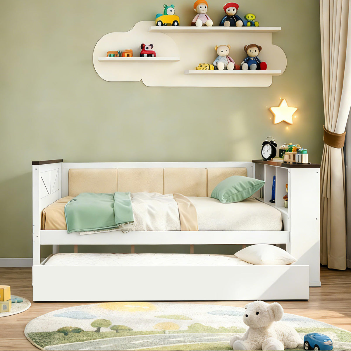 Merax Twin Size Wood Daybed with Storage Shelves, Platform Bed Frame Upholstered Backrest, USB and Trundle, Easy Assembly, White