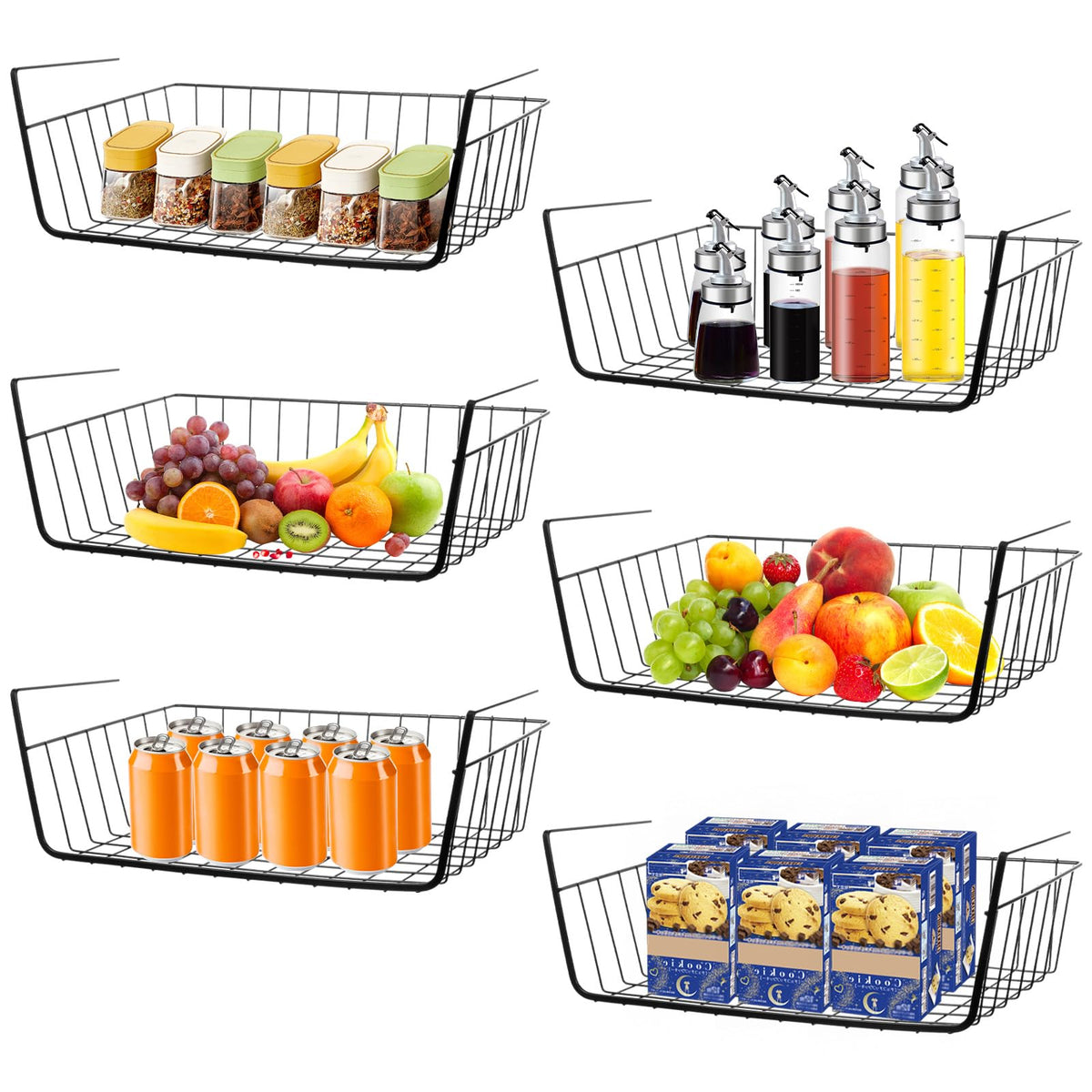 6 Pcs Undershelf Storage Basket Under Shelf Wire Basket Household Metal Under Shelf Hanging Storage Bin Basket Slides Under Shelves for Kitchen Pantry Bookshelf - 14.2" D x 9.1" W x 5.5" H, Black