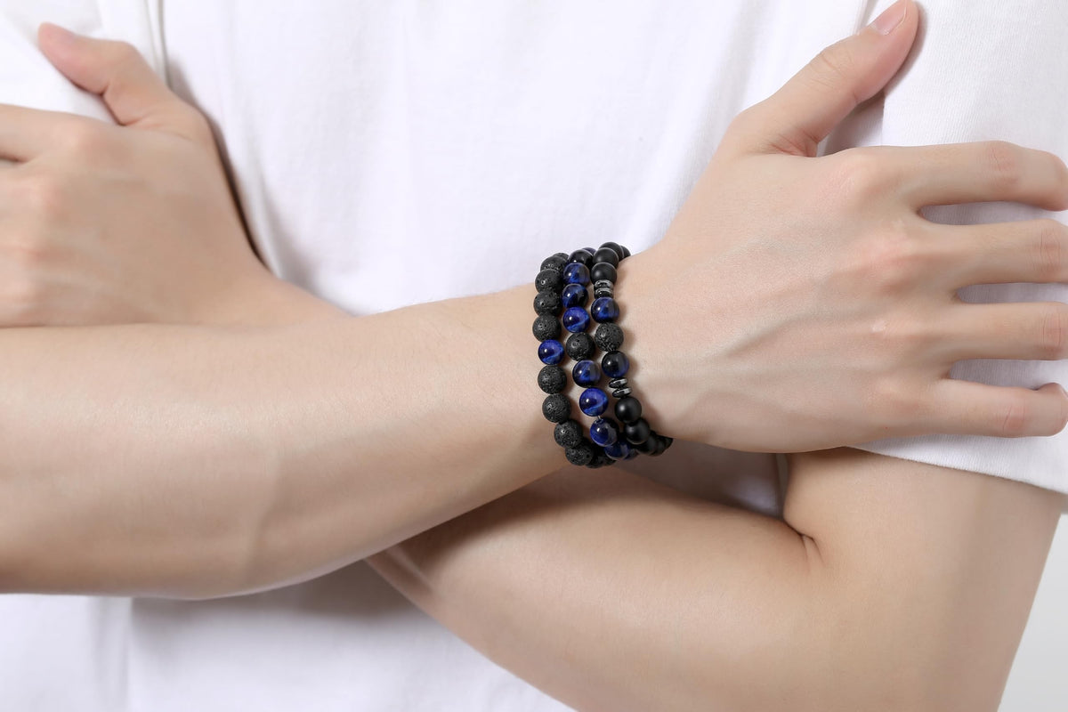 XIANNVXI Mens Blue Crystal Beads Bracelet 3PC Blue Black Stone 8mm Bead Bracelets Set for Men Stretch Lava Rock Obsidian Black Crystal Beaded Bracelet for Mens