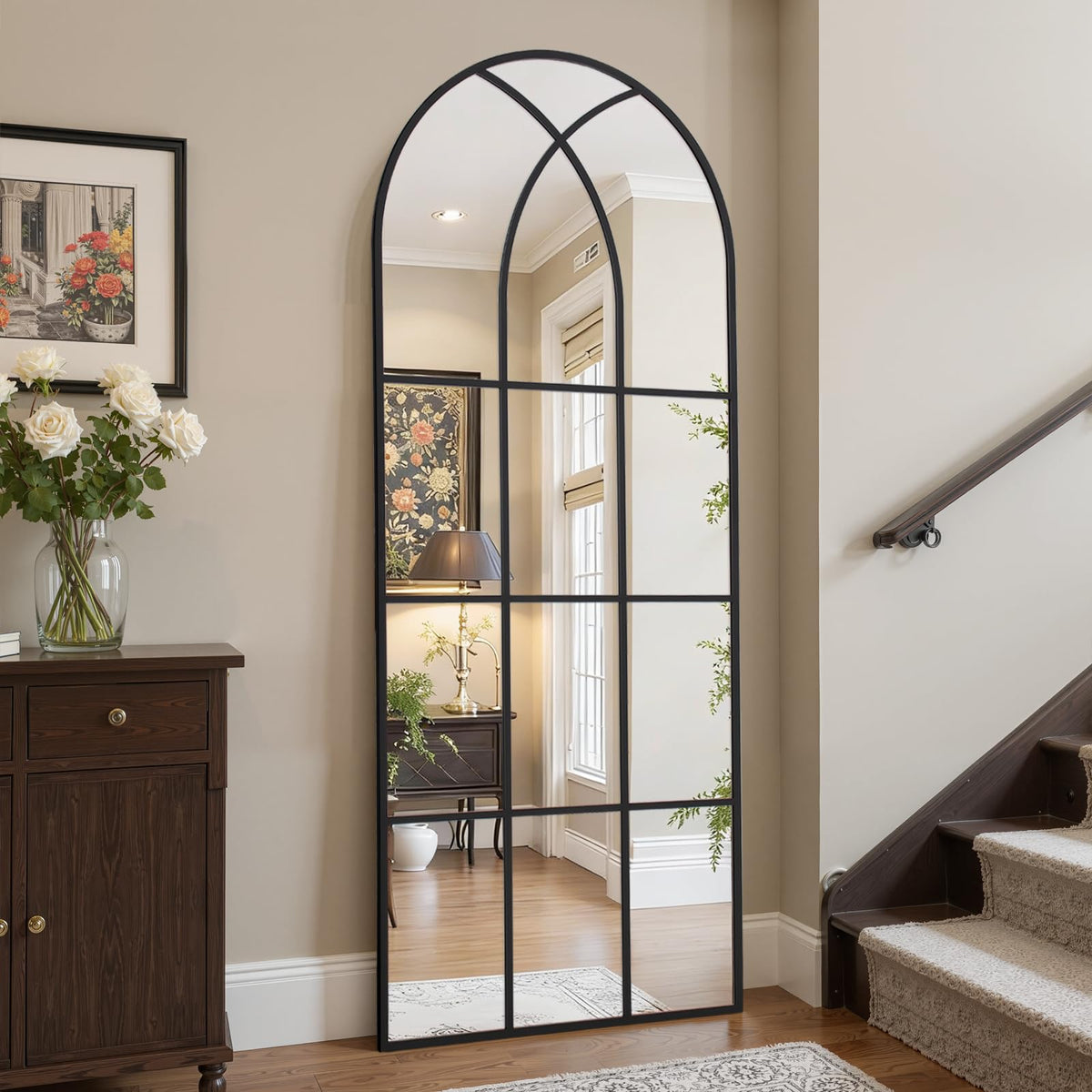 Arched Window pane Full Length Mirror 30"x71", Full Body Standing Mirror, Window Shaped Farmhouse Style with Aluminum Frame, Decor Wall Mirrors for Living Room, Courtyard, Bedroom, Entryway, Black