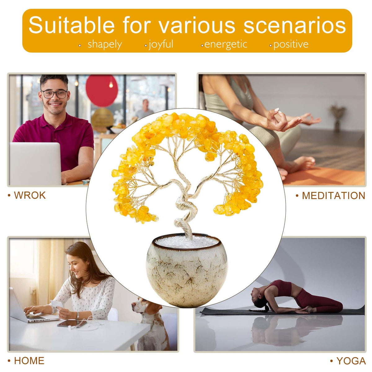 Runyangshi Citrine Crystal Tree of Life - 7in Chakra Crystal Money Tree with 297 Natural Healing Crystal Gemstone for Feng Shui, Luck, Balancing Energy Home Decor & Spiritual Gift