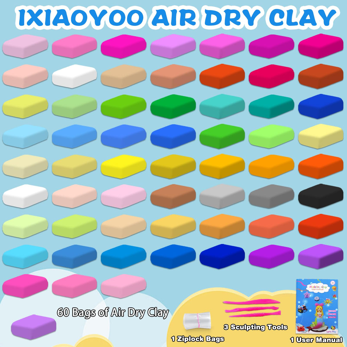 Ixiaoyoo Air Dry Clay for Kids, 60 Colors Modeling Magic Clay, Safe & Non-Toxic, DIY Model Arts & Crafts Kit with Sculpting Tools, Birthday&Christmas Toy Gift for 3-12 Years Old Boys Girls Kids