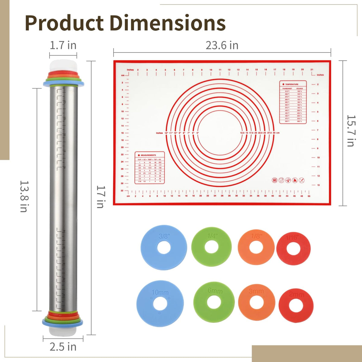 Rolling Pin and Pastry Baking Mat Set, Stainless Steel Dough Roller with Adjustable Thickness Rings & Clear Scale Markings, Ideal for Home Kitchen Baking Fondant, Pizza, Pie, Pastry, Pasta, Cookies
