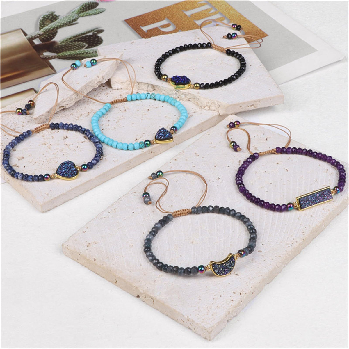 QLYOVWE Natural Healing Crystal Bracelet for Women Men Handmade Chakra Crystal Therapy Jewelry Iridescent Druzy Stone with Turquoise Amethyst Adjustable Surfer String Gift (Moon)