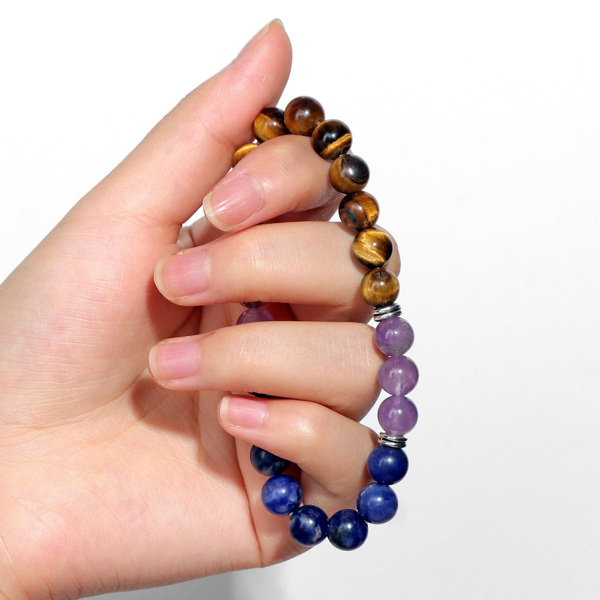 Risyfjew Natural Healing Crystal Bracelet for Women Anxiety Relief Bracelets Calming Jewelry Gifts Worry Stone Amethyst Tiger Eye Sodalite