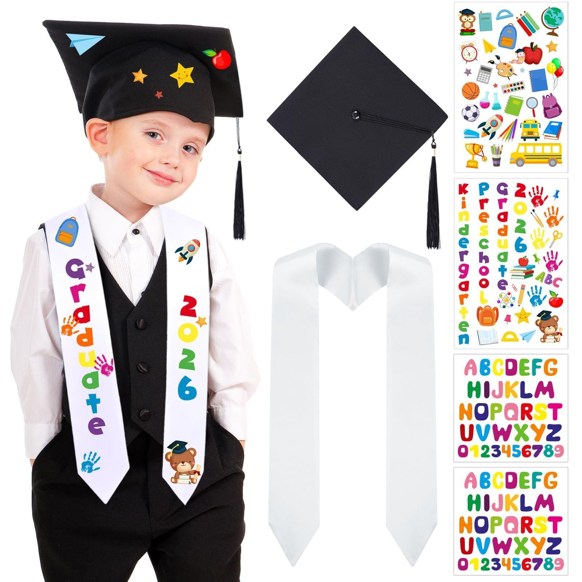 6 Pcs 2026 Preschool Kindergarten Graduation Cap Stole Iron on Letter Set Unisex Cap and Graduation Sash Sublimation Blank Stole Graduation Gifts for Kids Iron on Letters for DIY Craft