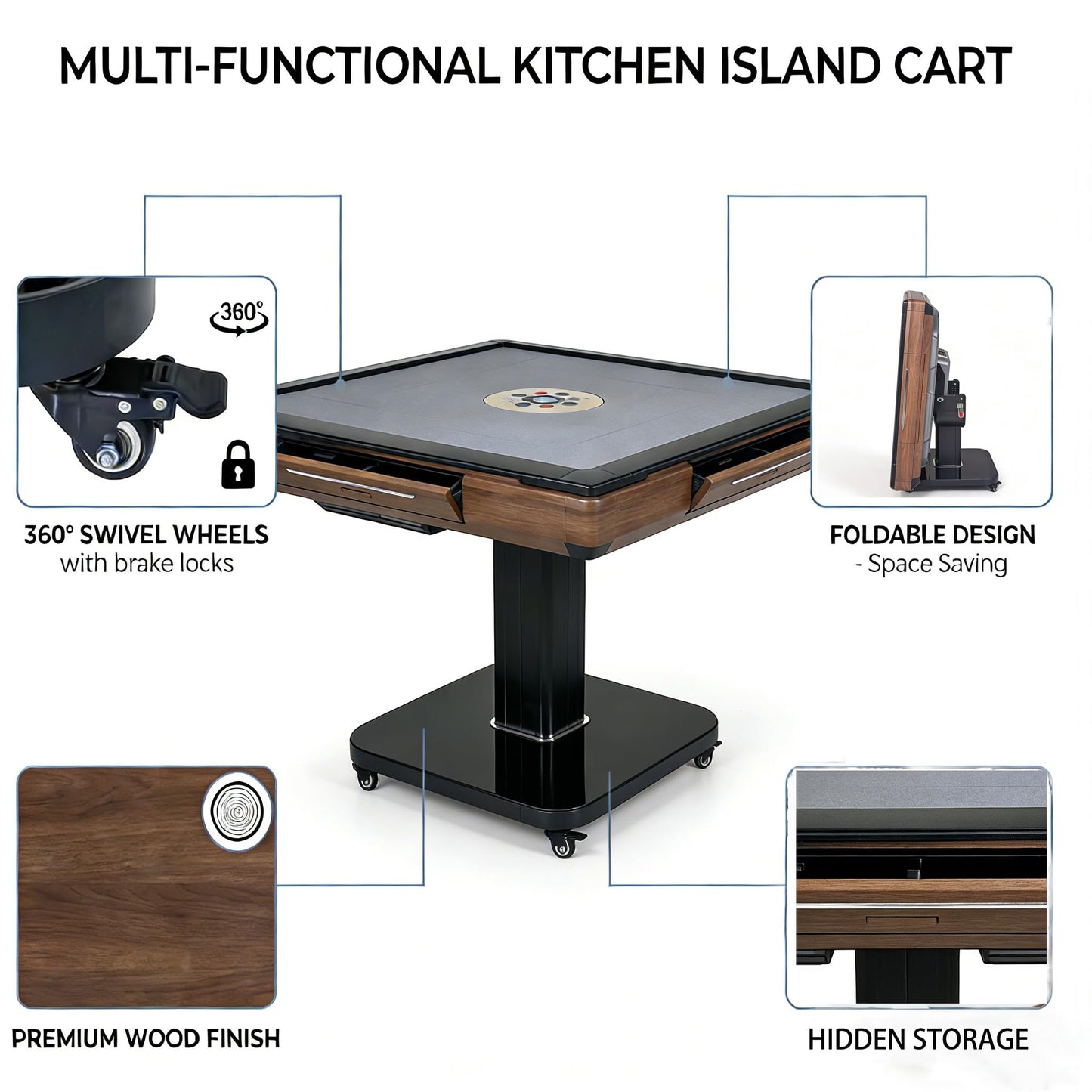 GDFStudio Foldable Ultra-Thin Automatic Mahjong Table with Wheels, Chinese and American Style 42mm Numbered Tiles with Hard Table Cover, 2 Sets Magnetic Tiles, Low Noise Shuffling, Brown
