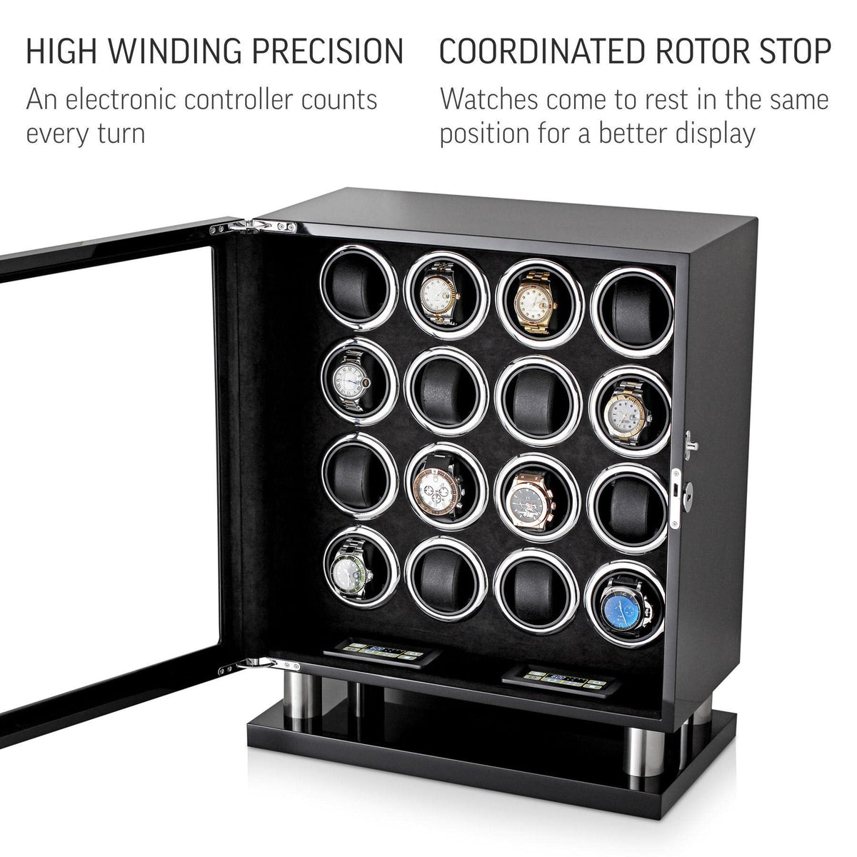 Watch Winder for 16 Automatic Watches with LED Light and LCD Touchscreen Control (Black + Black)