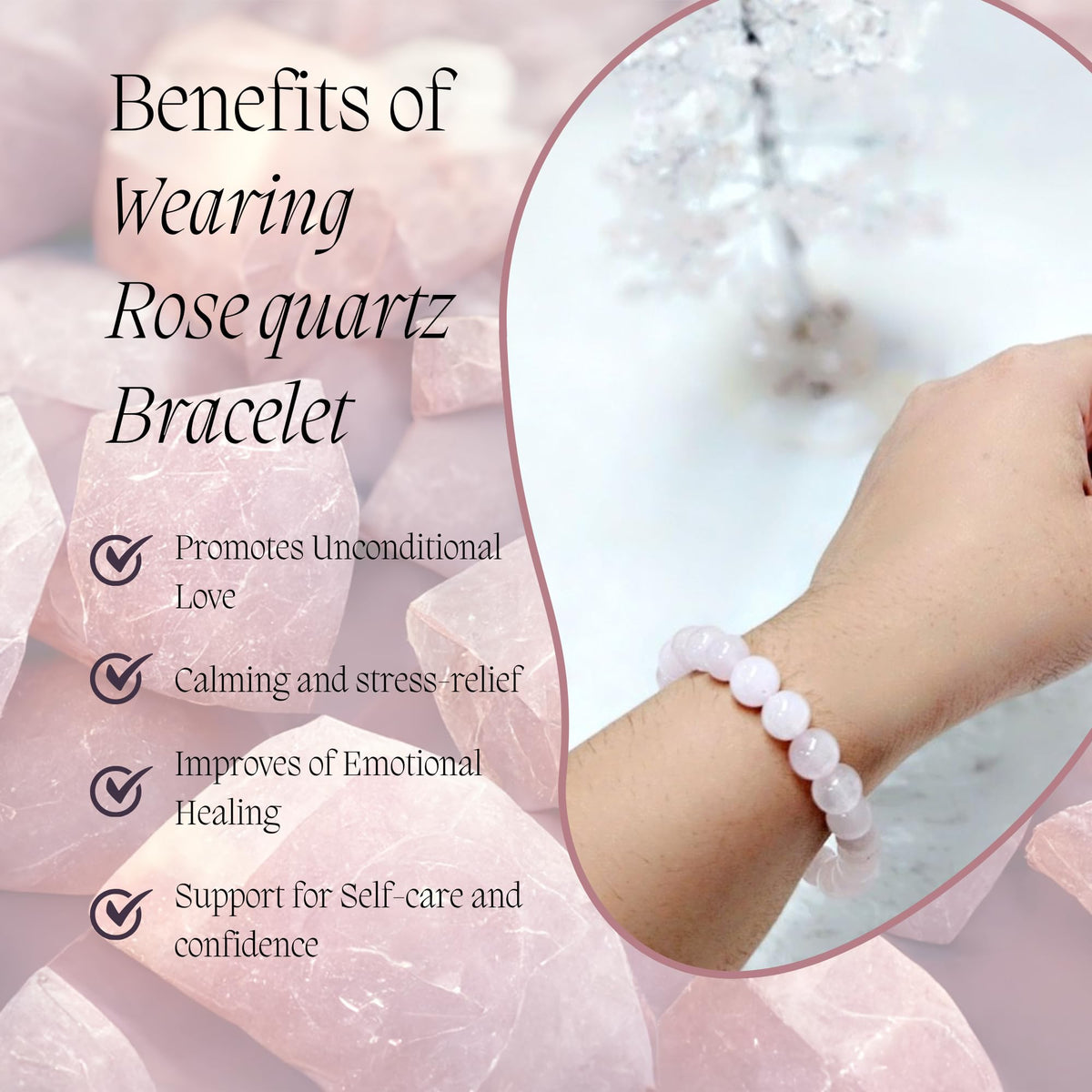 ZAARIYA Rose Quartz Crystal Tree with Bracelet for Home Decor, Healing, Spiritual Gifting, Room Decor, New Year & Good Luck Gifting | Made from Genuine Crystal Stones (9 x 3 Inches)