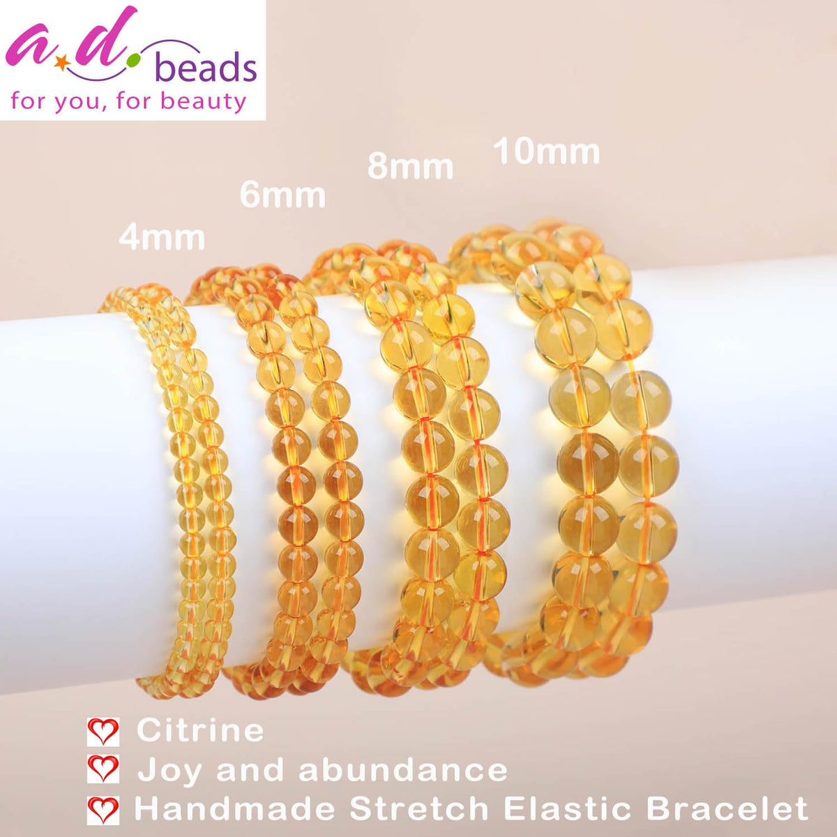 AD Beads Handmade Gemstone Stretch Elastic Bracelet Crystal Healing Reiki Nature's Beauty and Spiritual Essence Unisex (10mm, Citrine (Joy and Abundance))