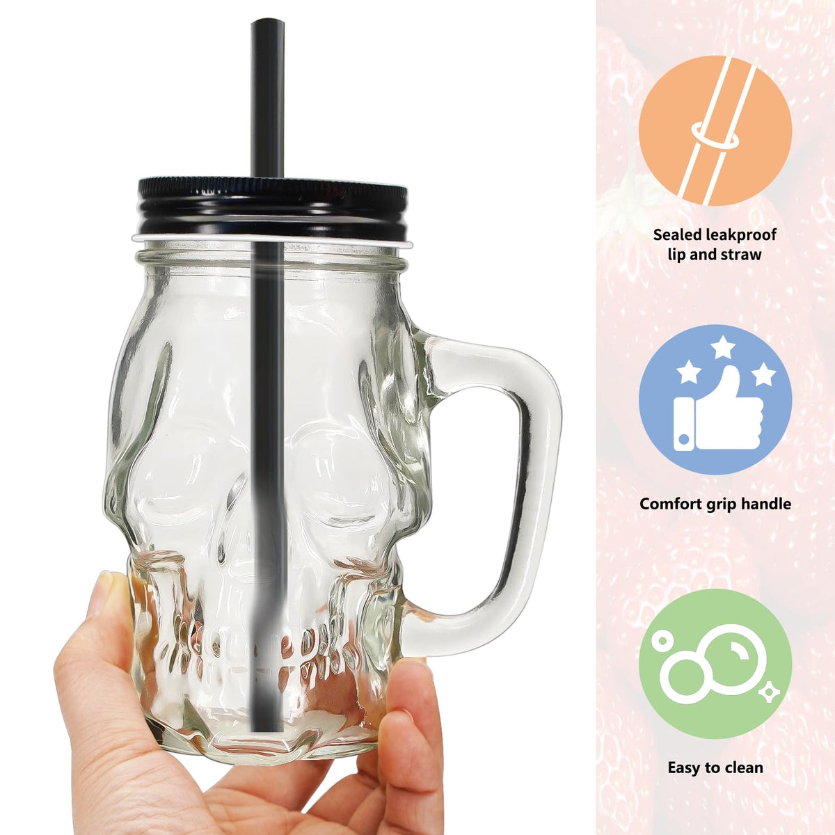 Skull Mason Jars with Handle, 16 Oz Glass Beer Mugs Gothic Wide Mouth Tumbler Cup with Straws and Lids, Novelty Pub Bar Mug Halloween Drinking Glasses for Beverage, Liquor, Mix Cocktail (2, Clear)