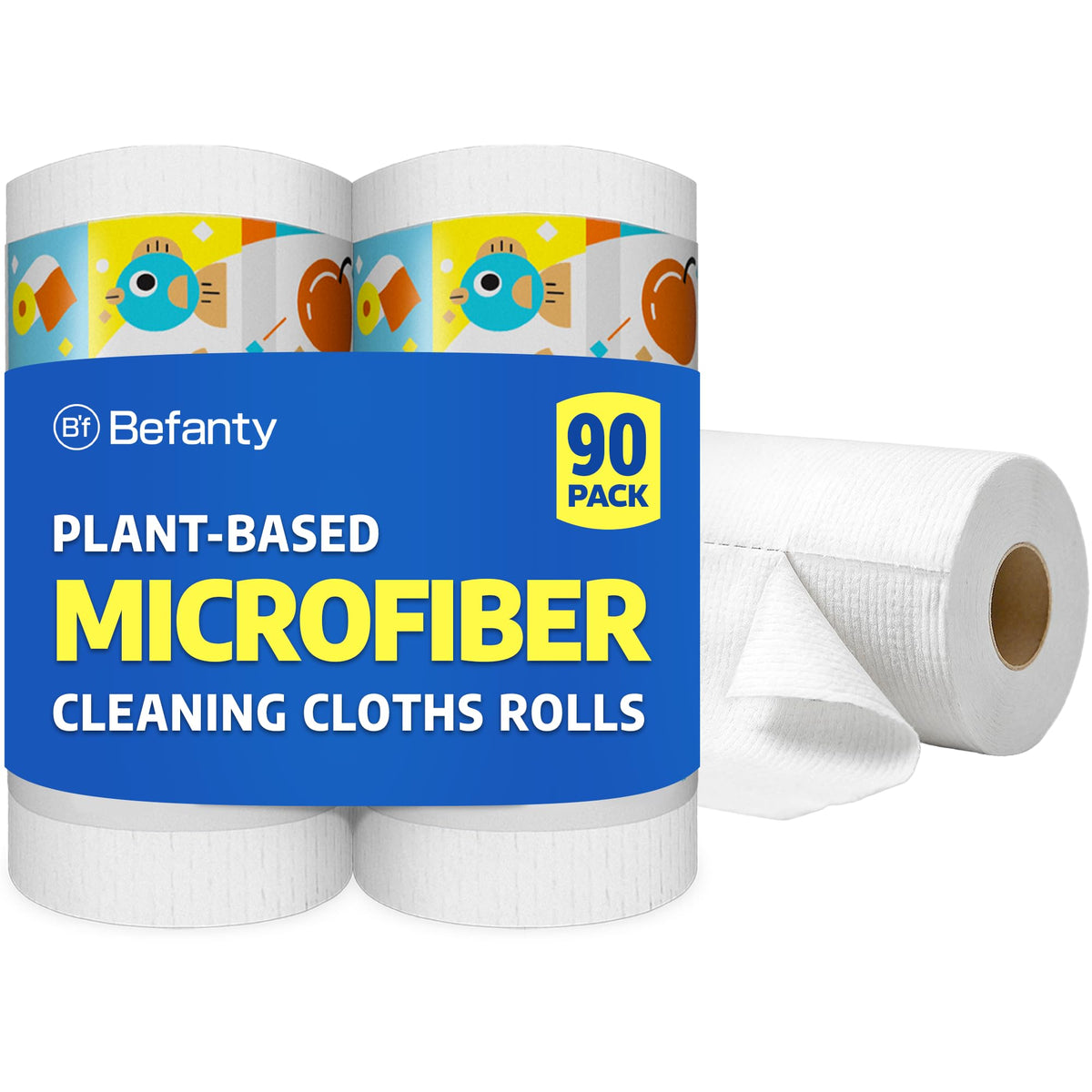 Befanty 90 Pack Plant-Based Microfiber Cleaning Cloth Rolls, Washable & Reusable Paper Towels for Kitchen, Ultra Absorbent, Scratch Free, Lint Free, Cleaning Supplies, 8.6" x 11.8" (2 Rolls)