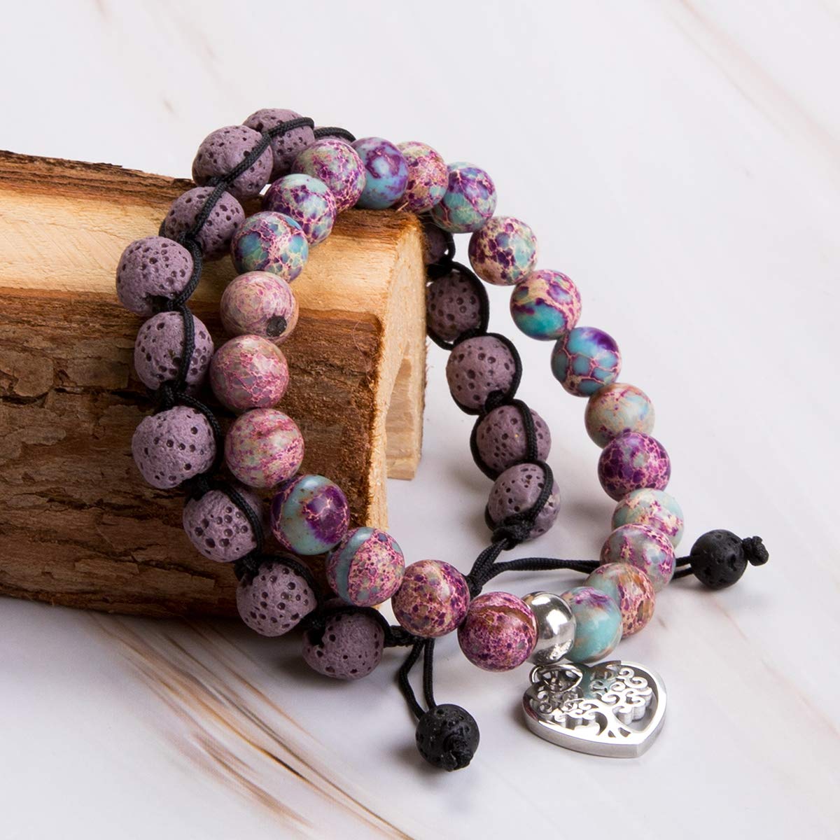 Bivei Life Tree Bracelet - Lava Stone Essential Oil Gemstone Beaded Yoga Meditation Regalite Stone Beach Charm Bracelet Set(Purple)