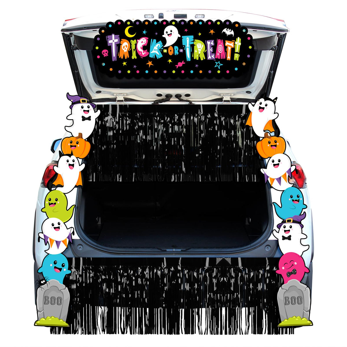 Aperturee Halloween Trunk Or Treat Car Decorations Kit — 70.8x15.5 Inch Banner, Porch Banner, 2x6m Ropes, Rain String Curtains, Durable Oxford Fabric, Fun Halloween & Trick-or-Treat Themes