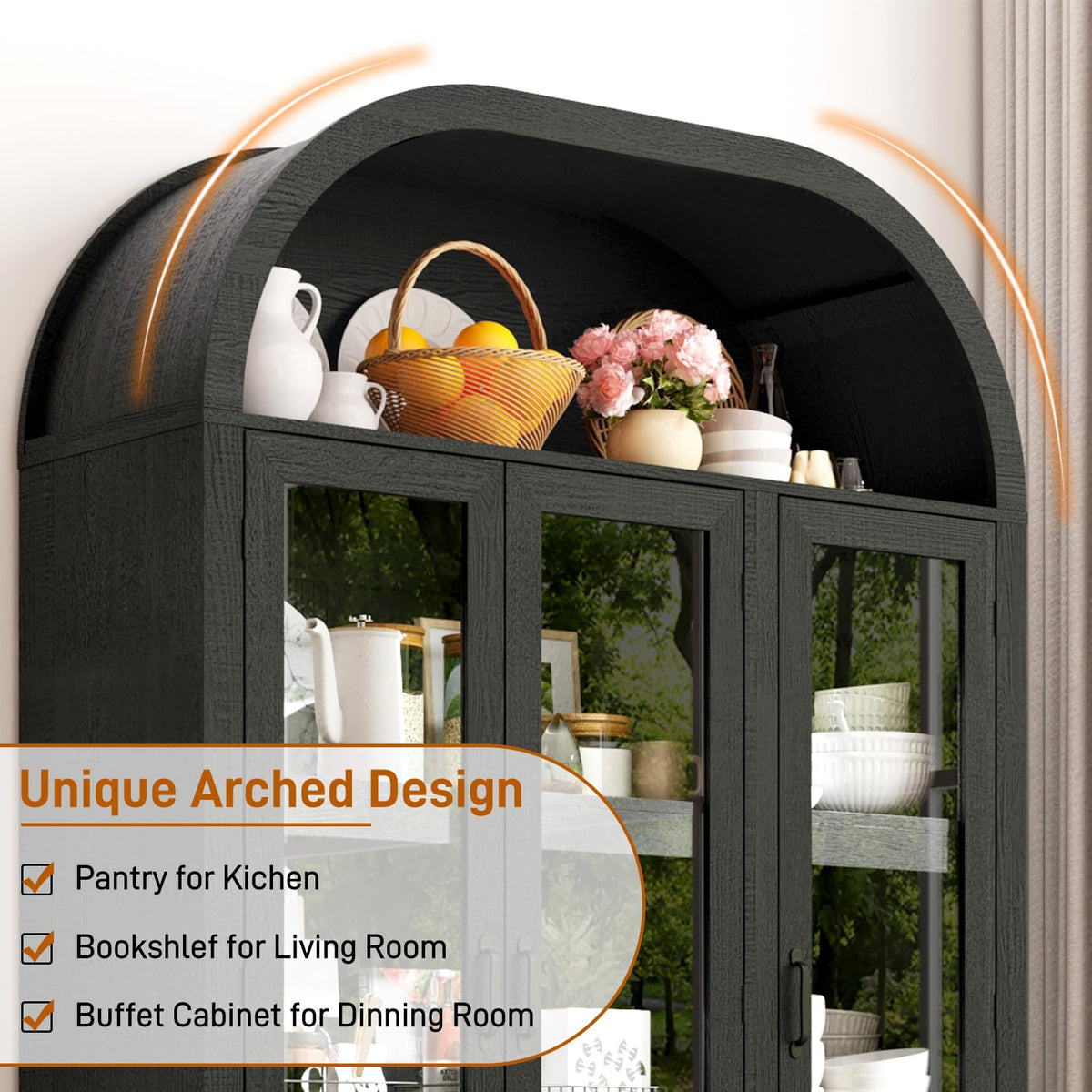 73" Tall Arched Kitchen Pantry Cabinet w Load-Bearing Steel Pipe,Modern Farmhouse Kitchens Storage Cabinet with Drawer and Glass Doors,Tall Arched Bookcase,Pantry Organizer(Woodgrain Black)