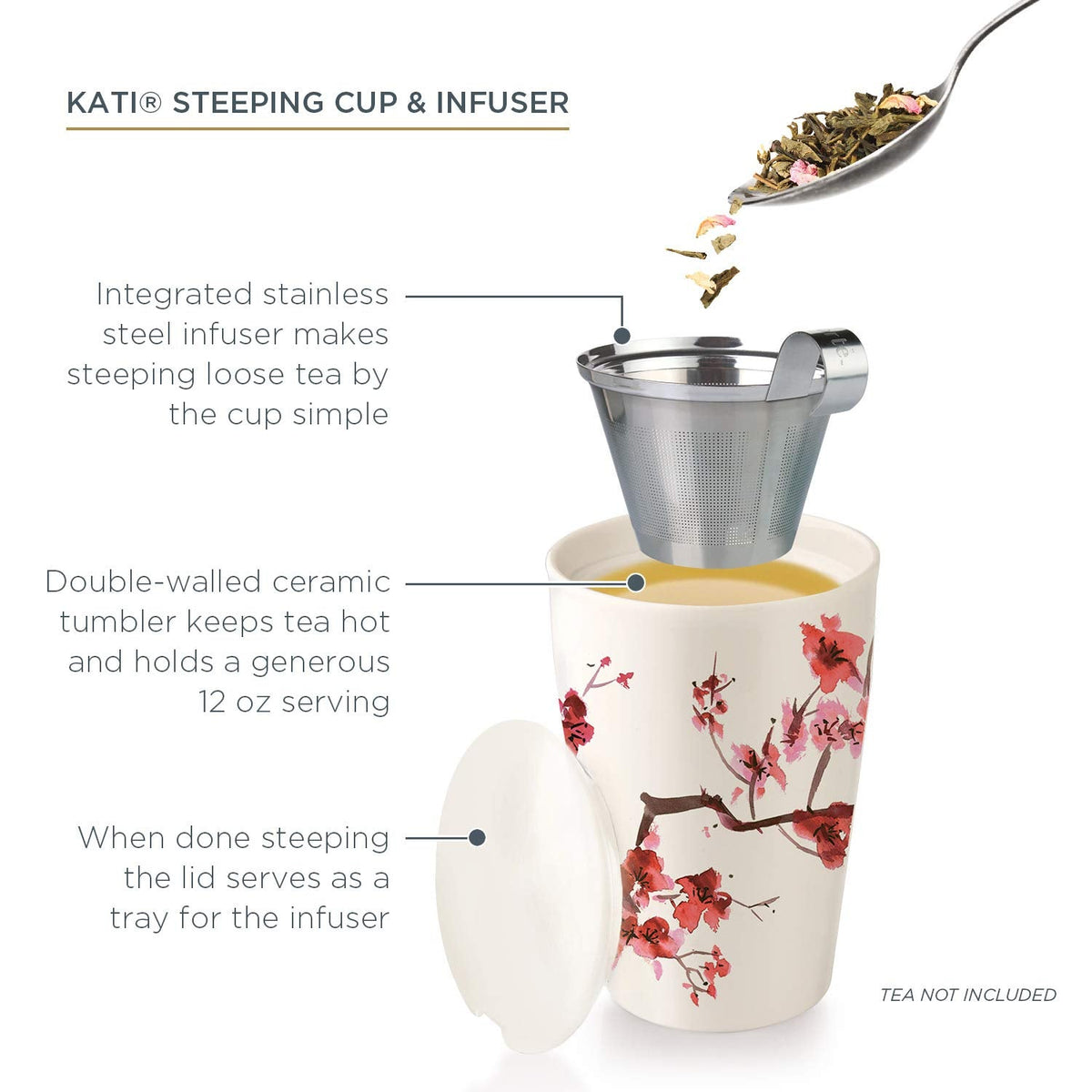 Tea Forte Double-Walled Ceramic Kati Cup, Removable Stainless Steel Infuser Basket and Lid, Steeps 12 oz Loose Leaf Tea, Dishwasher & Microwave Safe, Cherry Blossom