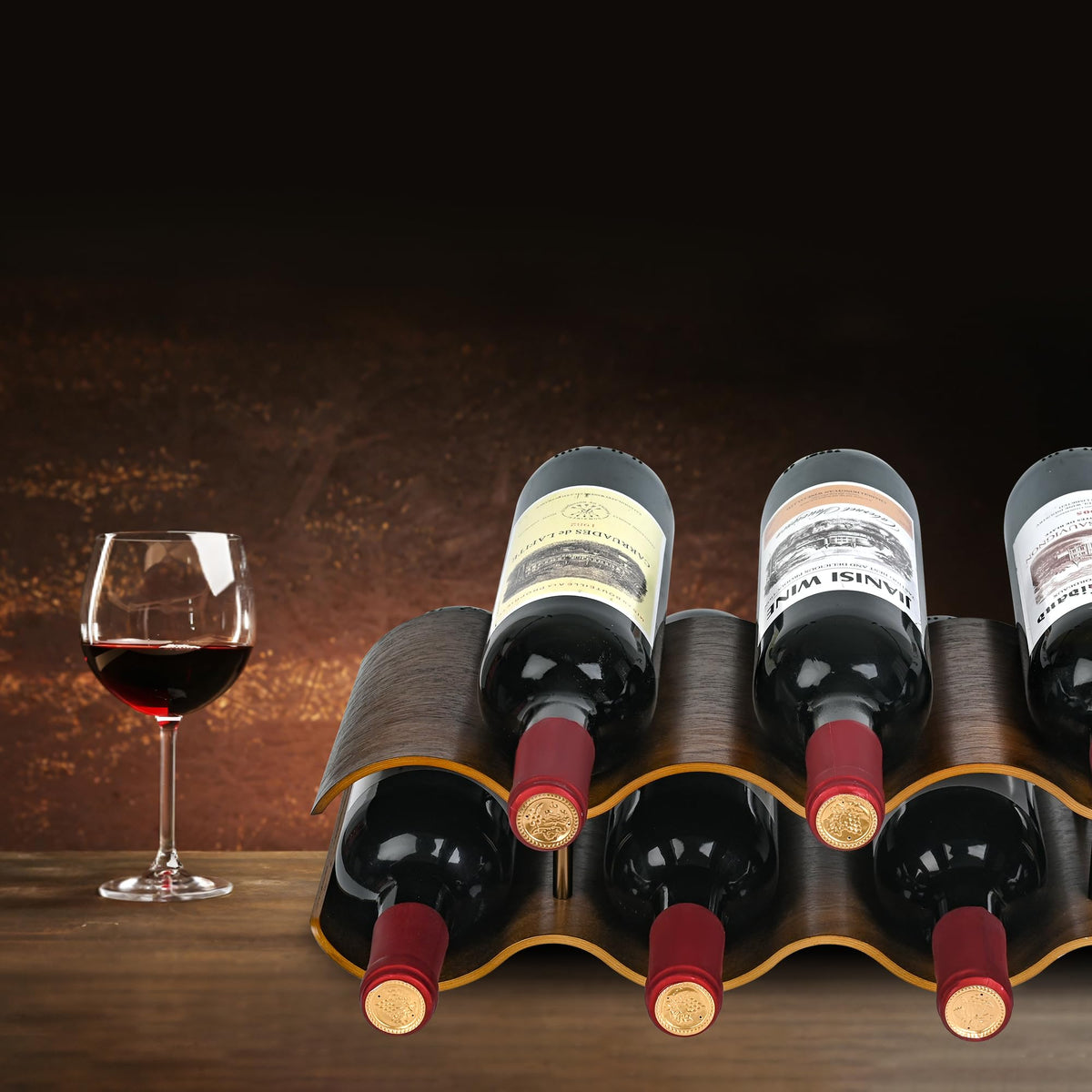 TRUDING Countertop Wine Rack - 7 Bottle Freestanding Wine Bottle Holder Stand - 2 Tier Wooden Wine Storage Rack - Walnut Wavy Wine Organizer for Cabinet Pantry Home Kitchen Bar