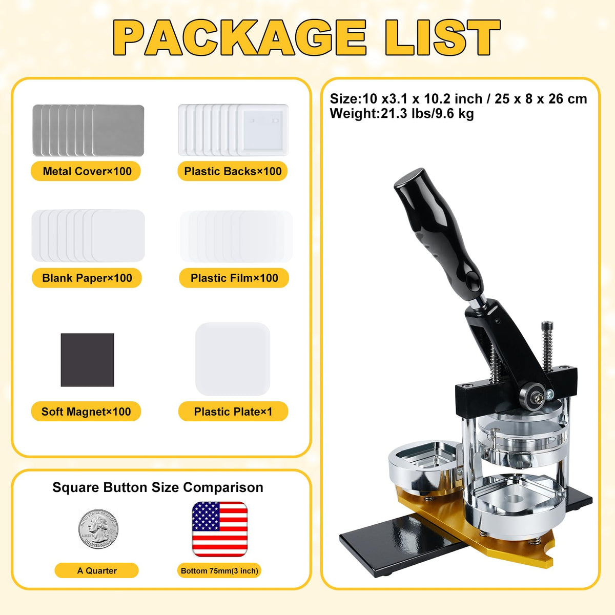 MK.Bear Fridge Magnet Button Maker Machine, 50mm/1.97 in Square Button Maker Kit for Refrigerator Magnet, DIY Pin Maker Badge Press Machine with 100 Sets Button Supplies
