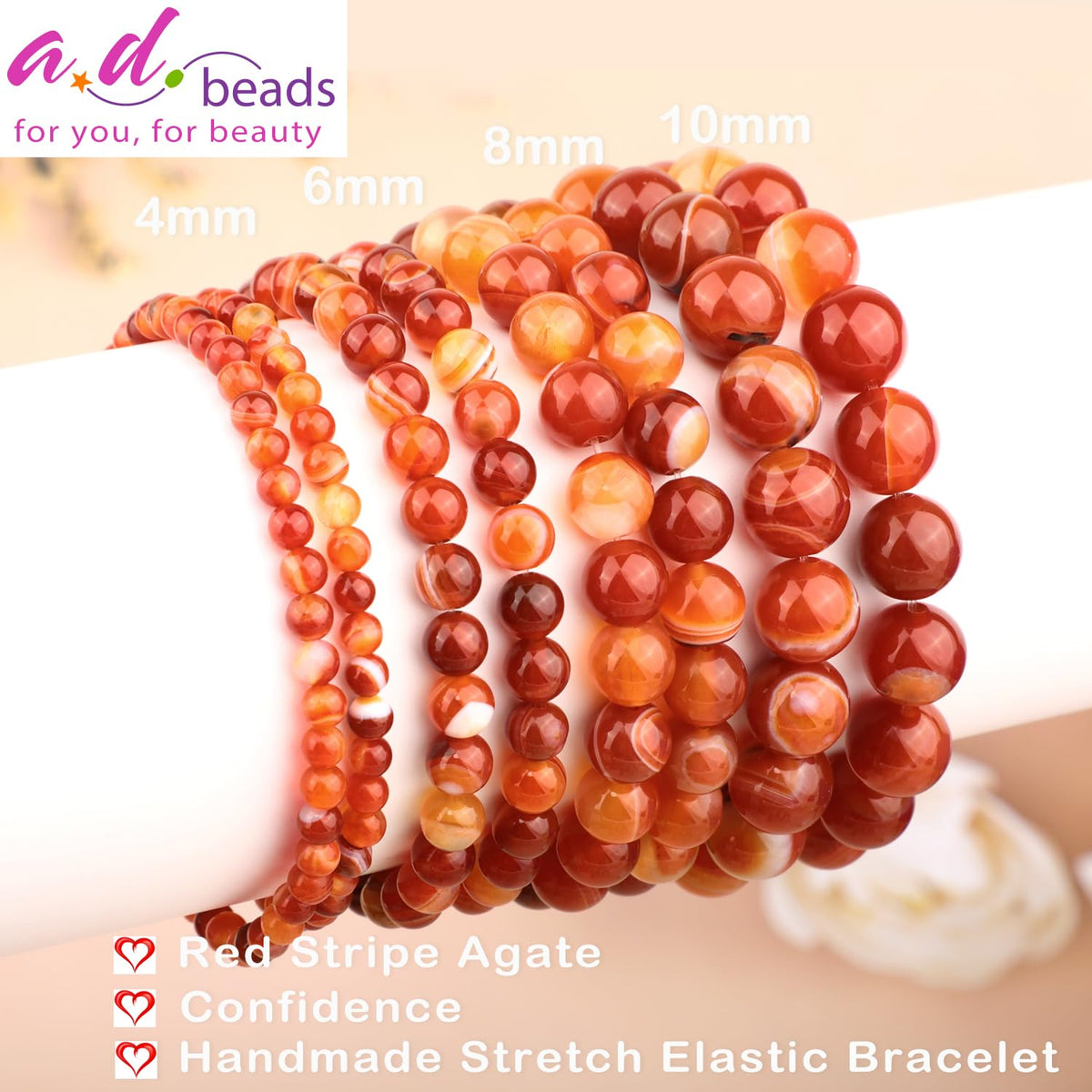 AD Beads 10mm Handmade Red Stripe Agate Elastic Bracelet – Natural Gemstone for Confidence – Meditation, Yoga, Healing and Energy Gift for Men Women