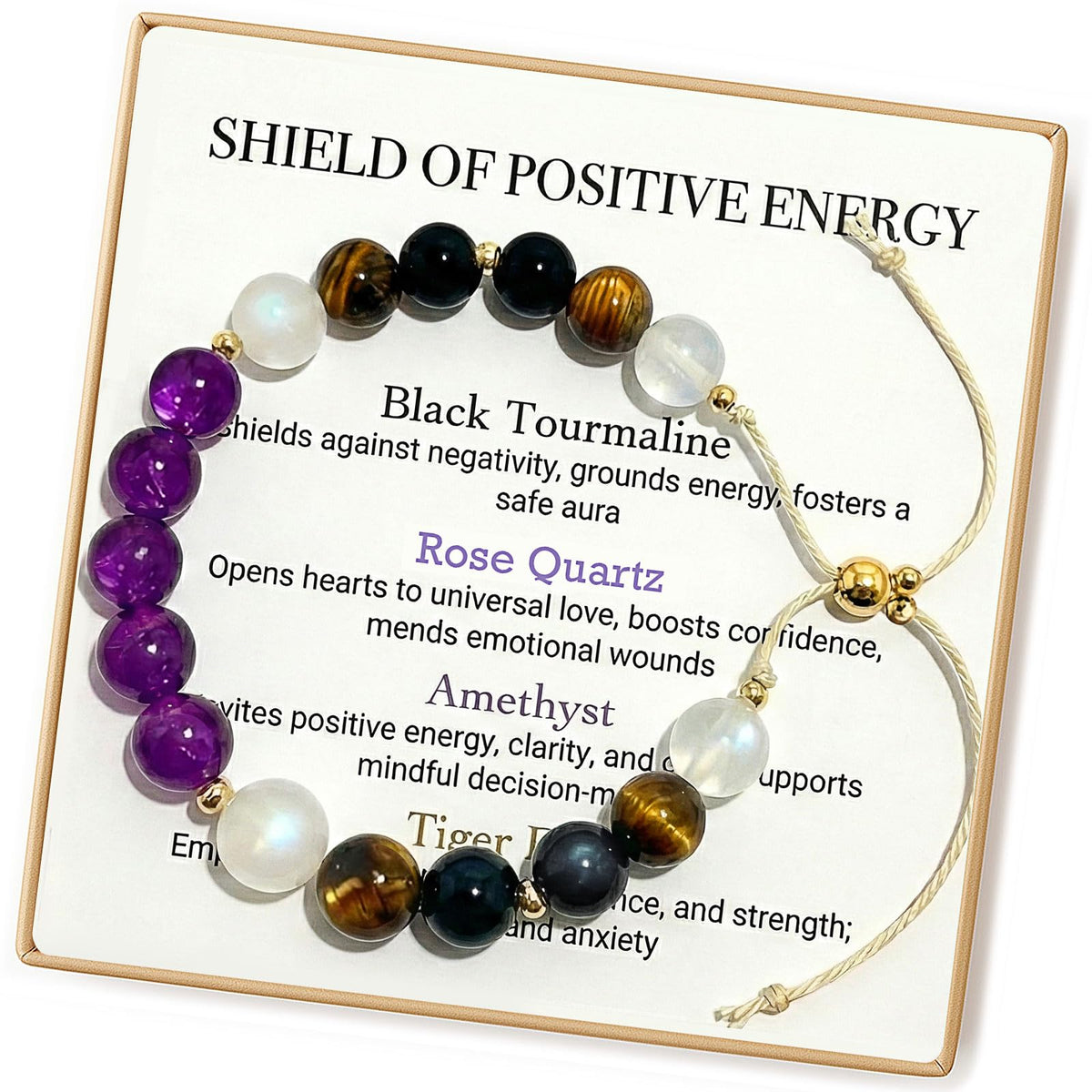 SFPJTL Shield of Positive Energy Crystal Bracelet for Women - Real Black Tourmaline, Rose Quartz, Amethyst & Tiger Eye Beads - Adjustable Healing Stone Protection, Anxiety Relief & Good Luck Jewelry - Spiritual Gifts for Mom, Wife, Friend