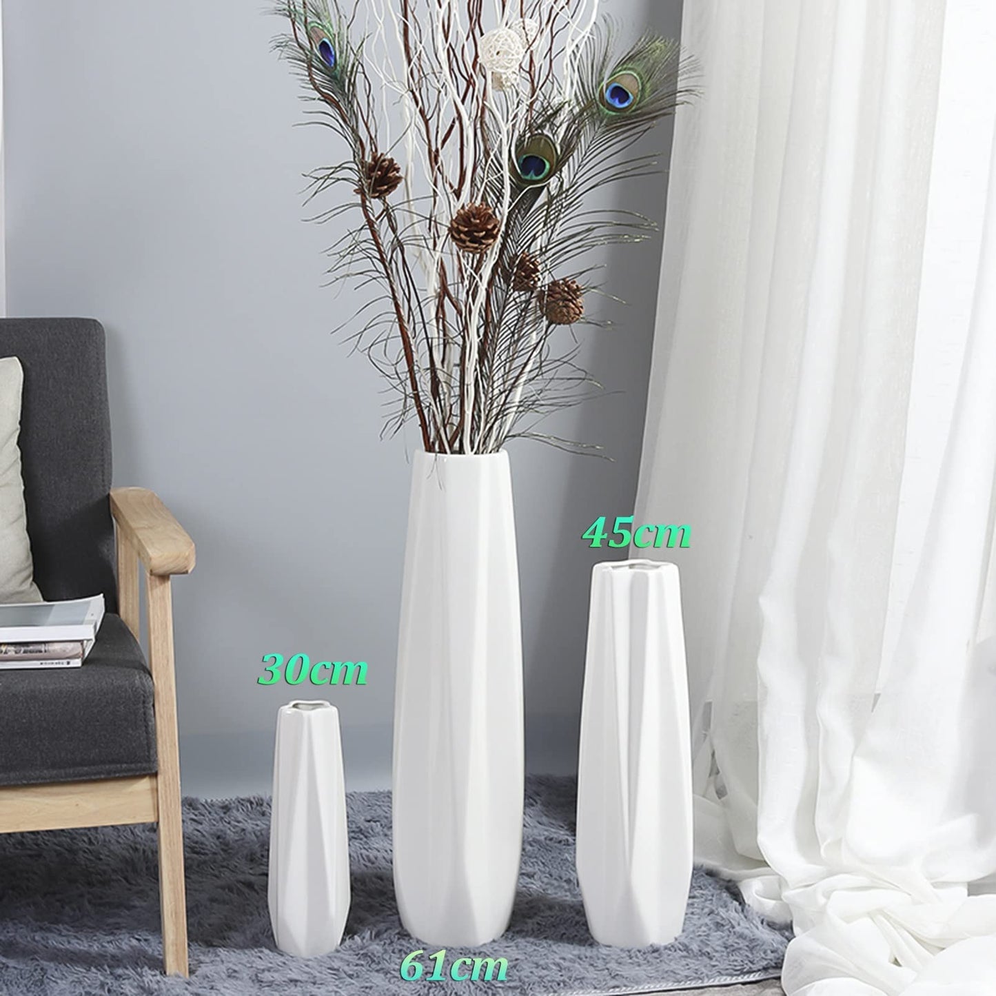 FKTHYO Floor vase Ceramic Vase,Decorative Large,Floor, Large Floor Vase,White Ceramic Vase,Handcrafted,Sophisticated Vessel for Decorative Branches and Dried Flowers (White 45cm)