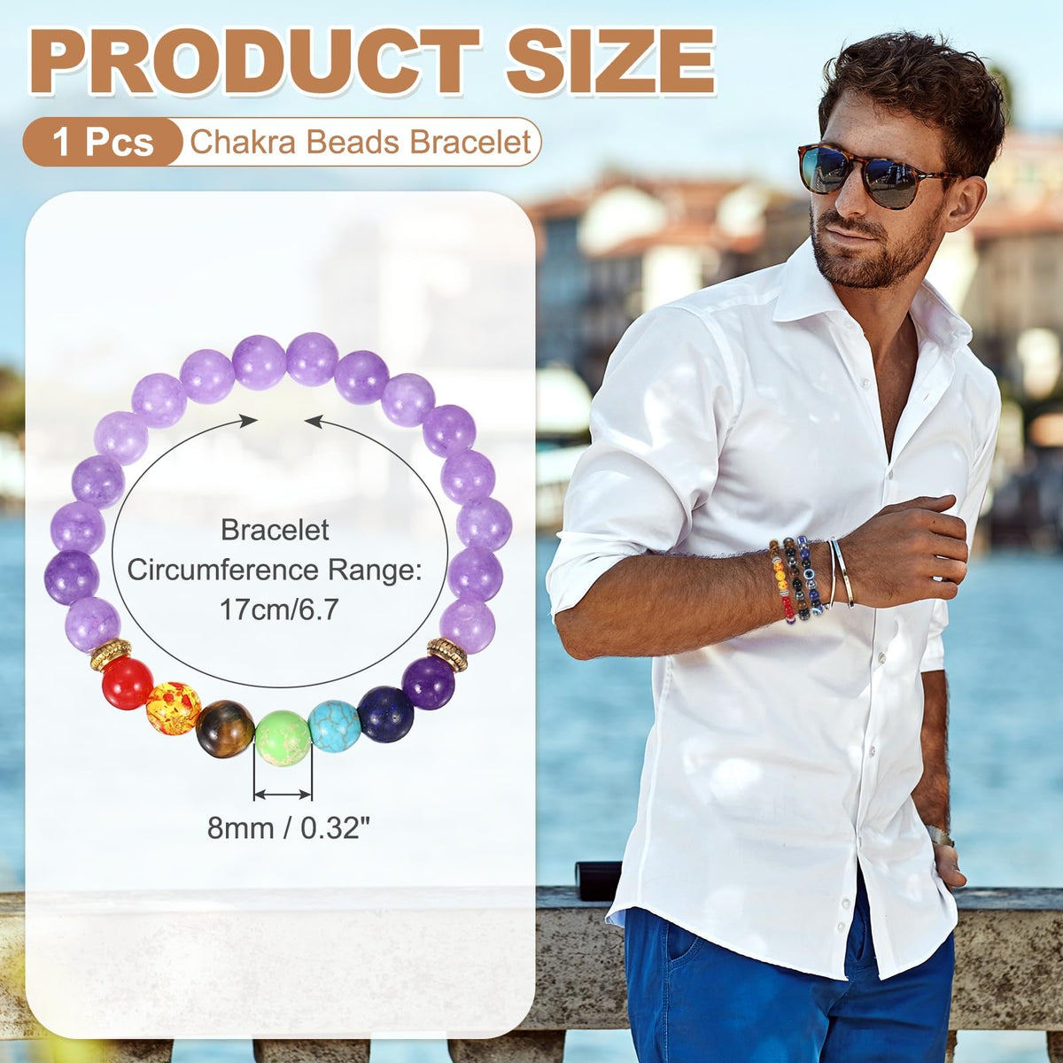 PATIKIL 7 Chakra Beads Bracelet 8mm Prayer Protection Natural Stone Beaded Bracelet for Men Women, Purple
