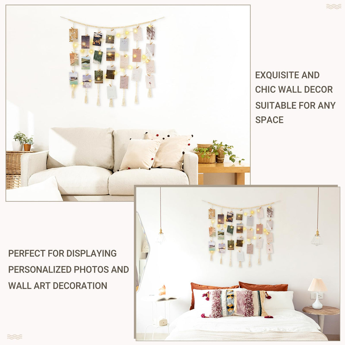 Mkono Macrame Hanging Photo Display Wall Decor with String Lights, Boho Wooden Beads Garland Collage Picture Card Frame Holder with 45 Clips for Bedroom Living Room Dorm, Teen Girls Christmas Gifts