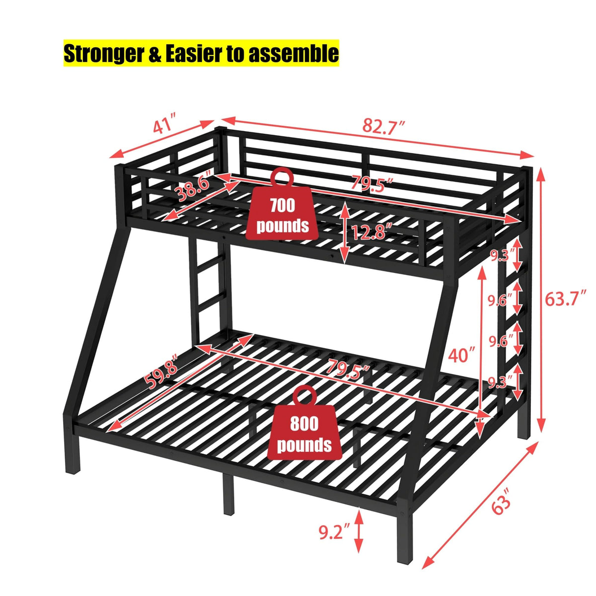 SIGONE Stronger and Safer Metal Steel Bunk Bed Frame Twin XL Over Queen Size, Heavy Duty More Stable Thickened Black Metal Bunk Queen Bed (Easier to Assemble) (Twin XL Over Queen)